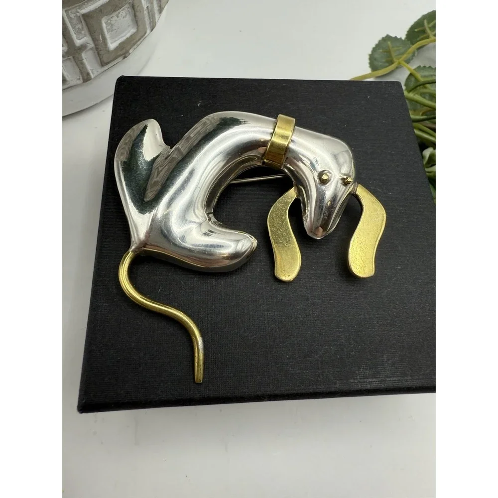 Vintage Taxco Mexico 925 Sterling & Brass Dog Brooch – Modernist Signed TM-104 - Picture 4 of 12